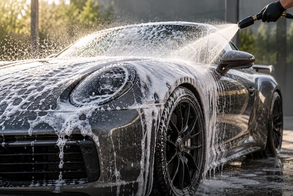 Autowäsche mit dichtem Reinigungsschaum auf einem Porsche